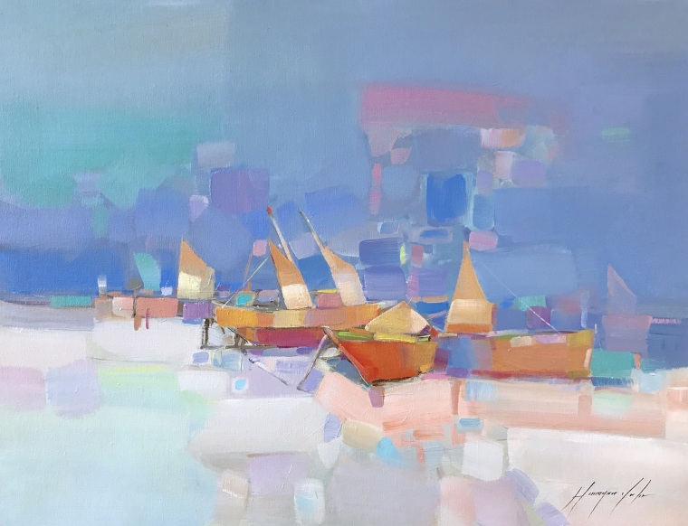 Boats, Abstract Original oil Painting, Handmade artwork, One of a Kind   